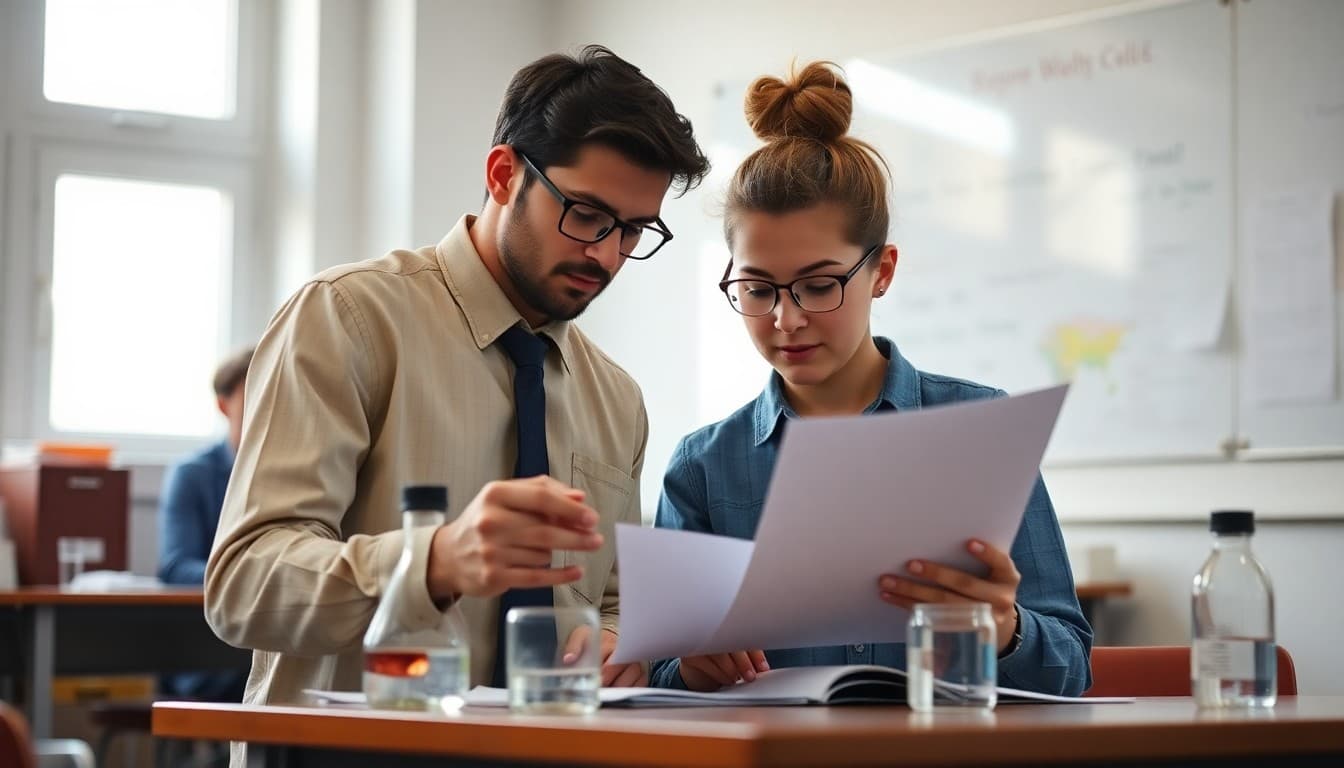 Chemistry teacher reviewing student test and lab report grades before sending family newsletter