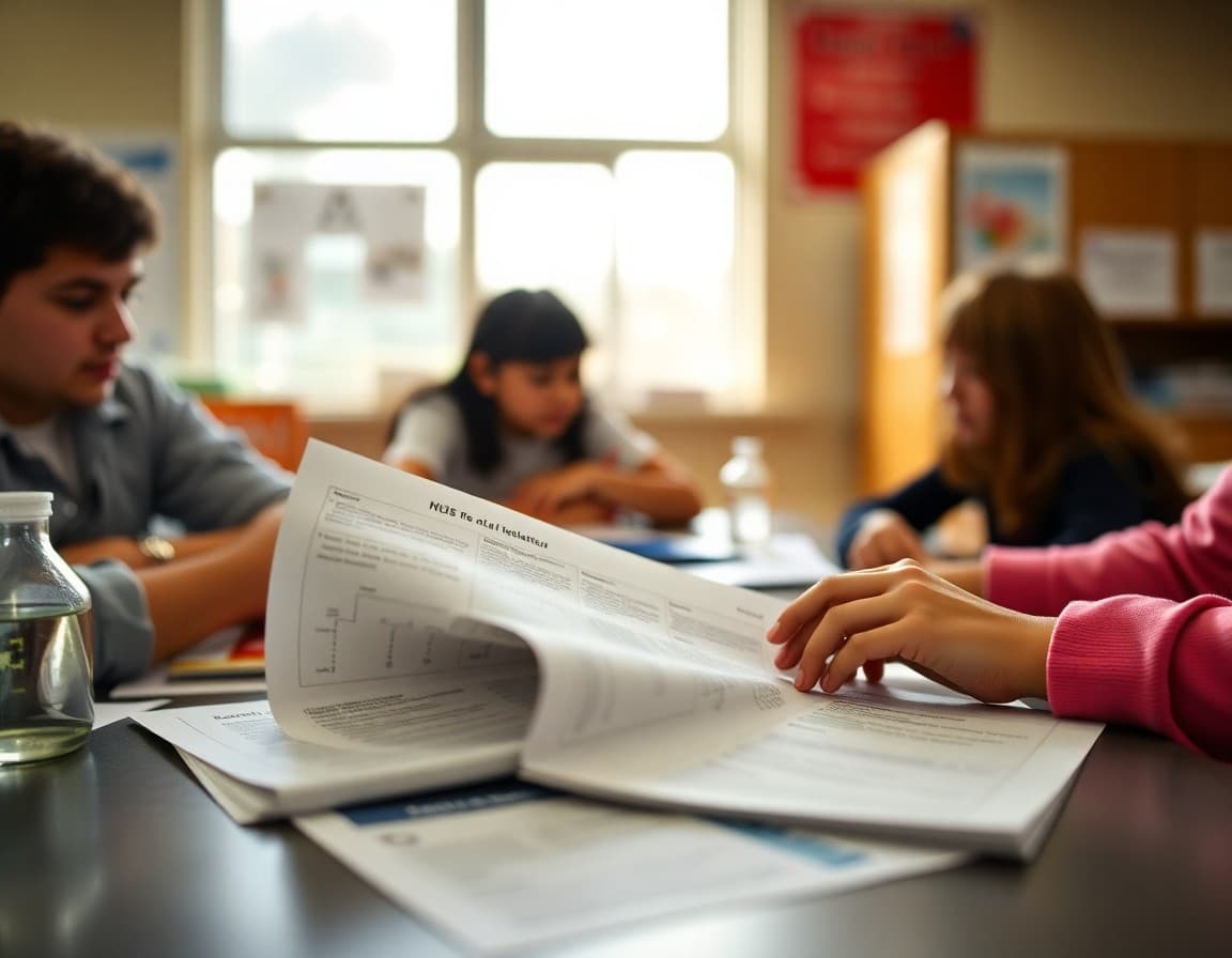 Sample chemistry class newsletter sections spread across a desk with unit notes and calendar
