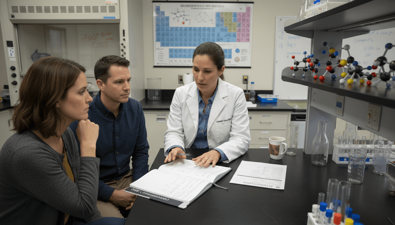 Chemistry teacher at a parent conference table reviewing a student's lab report grade and AP Chemistry performance data