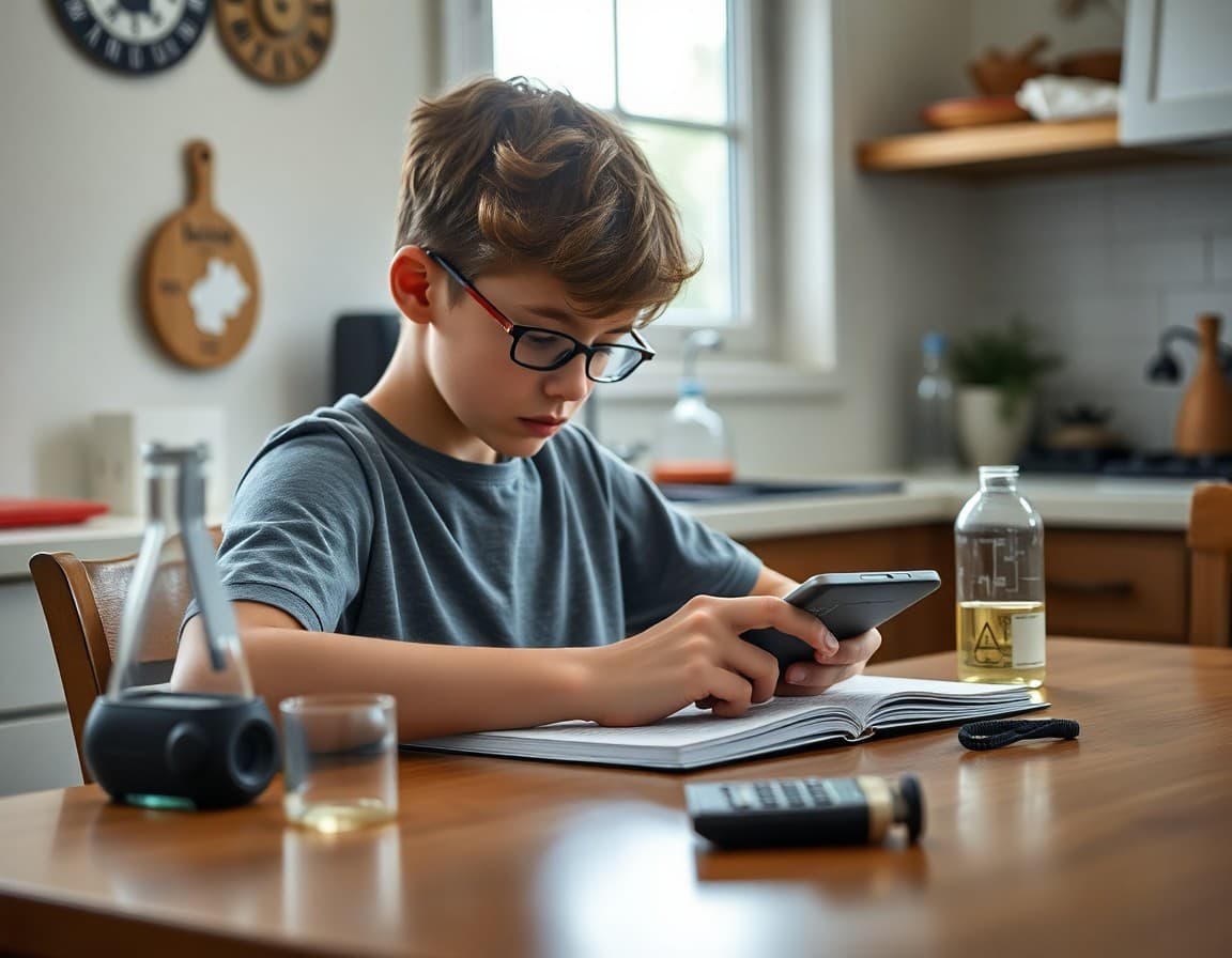 Student working through summer chemistry problems at kitchen table with calculator and notebook