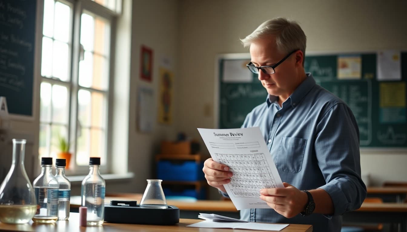 Chemistry teacher preparing summer review packet with periodic table and problem sets