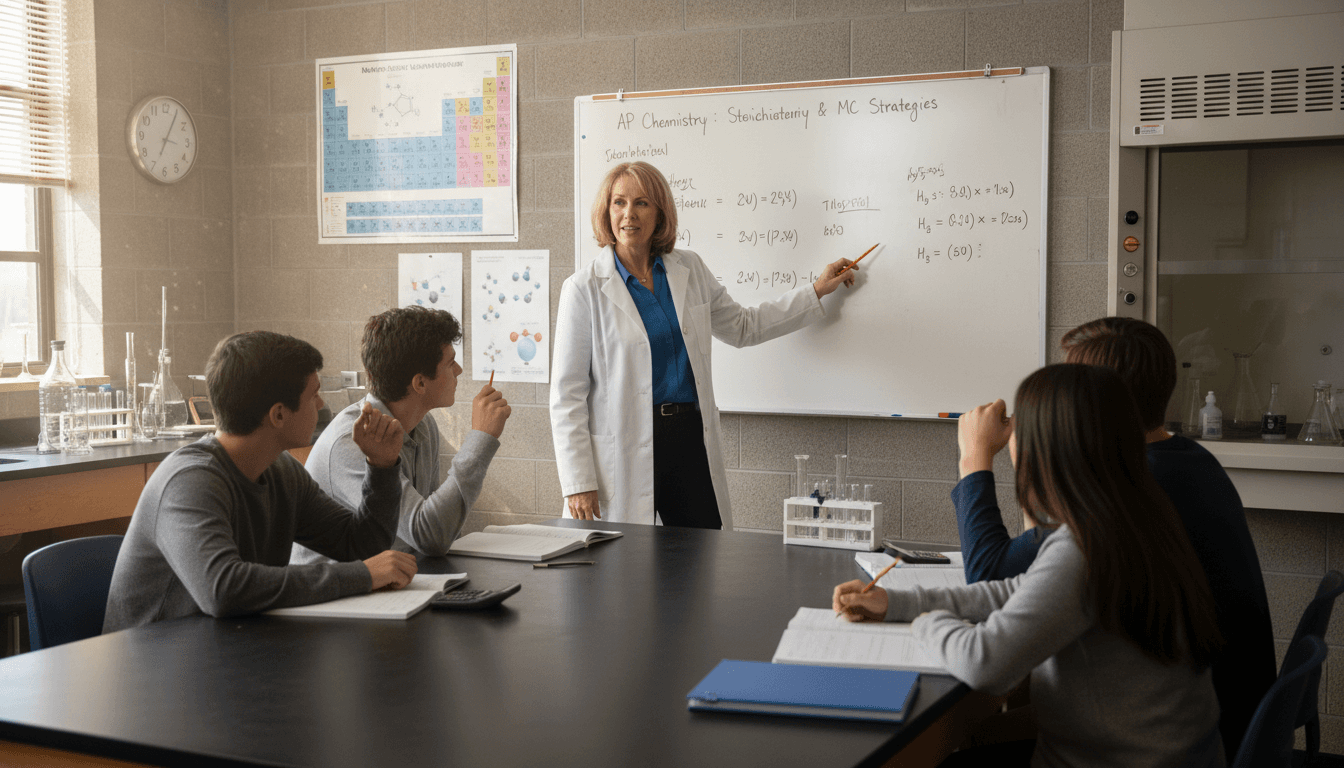 Chemistry teacher reviewing stoichiometry problems and AP exam multiple choice strategies with students before a chemistry assessment