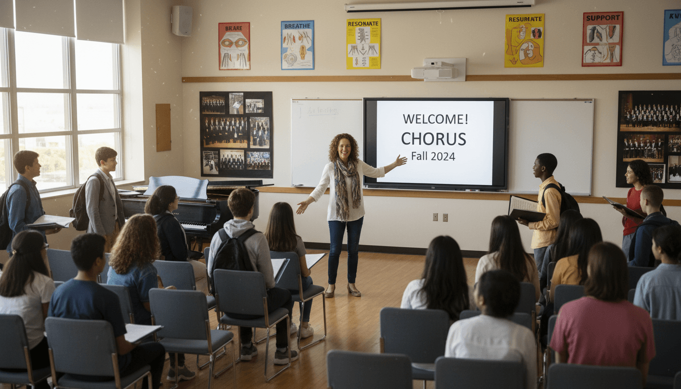 Choir director welcoming new students to a choral room decorated with vocal posters and concert photos ready for the new year