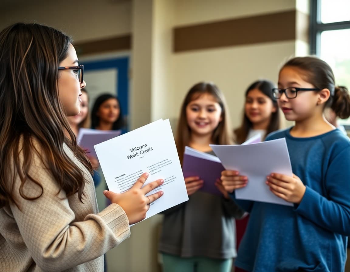 New choir students receiving welcome folders and program information at the first choral rehearsal of the year