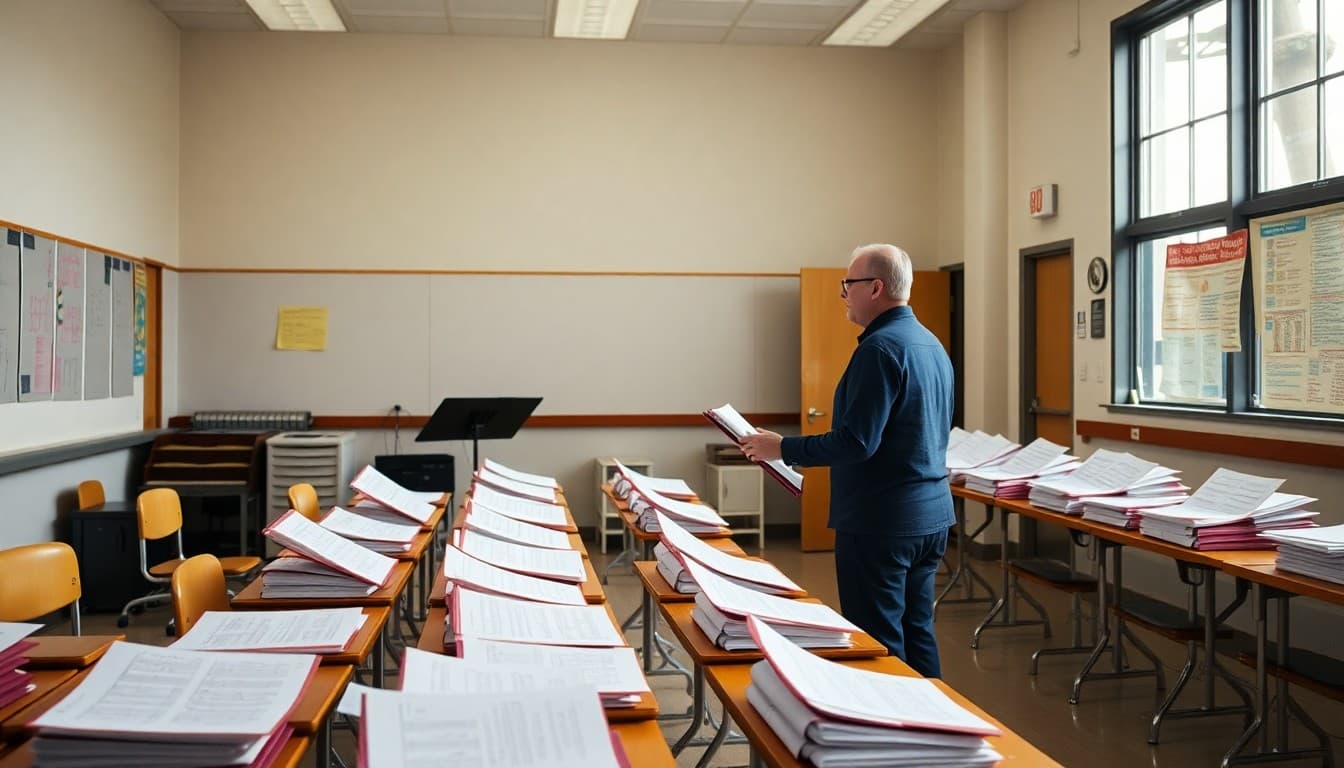 Choir director setting up a choral classroom with risers and music folders before the first day of choir class