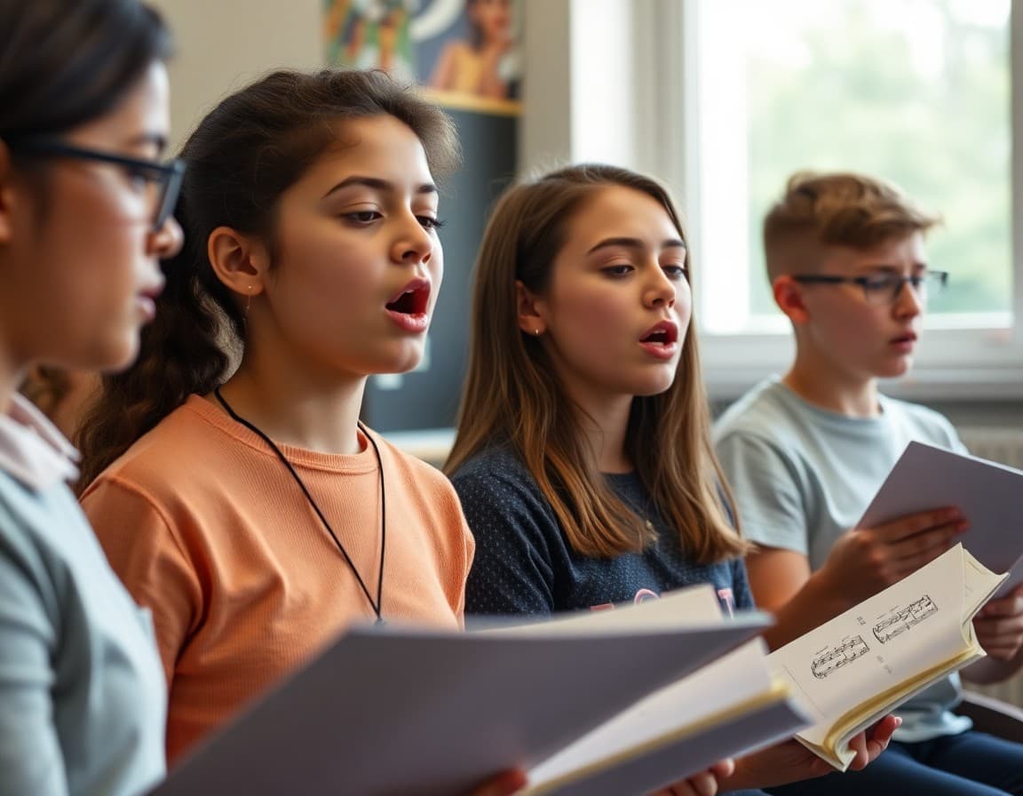 Choir students at different experience levels working on individual vocal exercises and sight-reading activities
