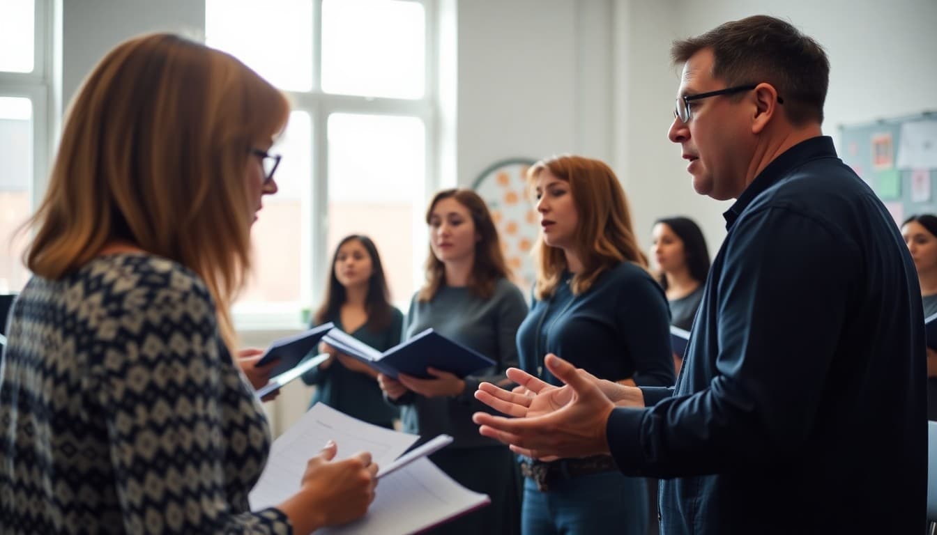 Choir director working with individual voice sections during a differentiated choral rehearsal session