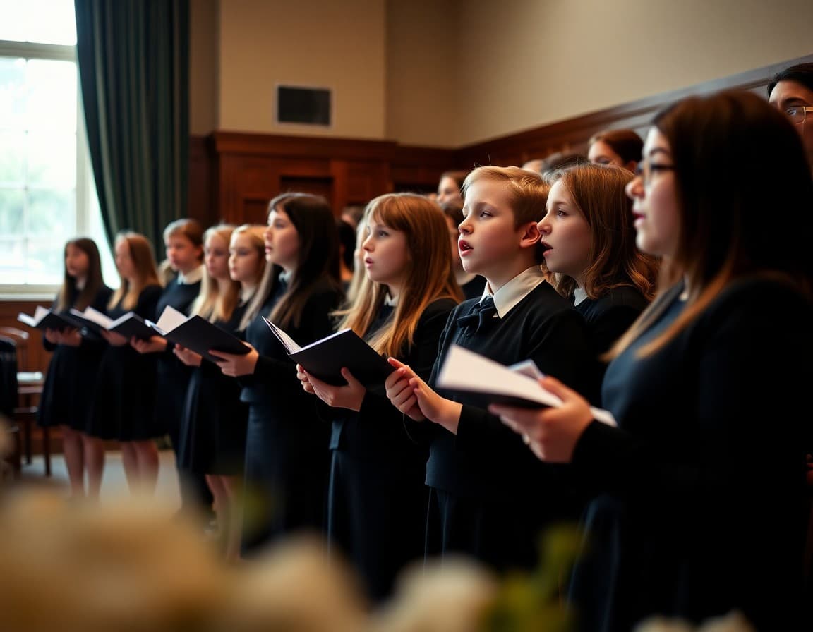 Chamber choir students performing at a school concert in formal attire with precise vocal ensemble formation