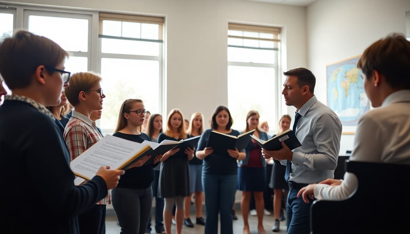 Students and choir director in a small ensemble rehearsal with a piano accompanist in a school music room