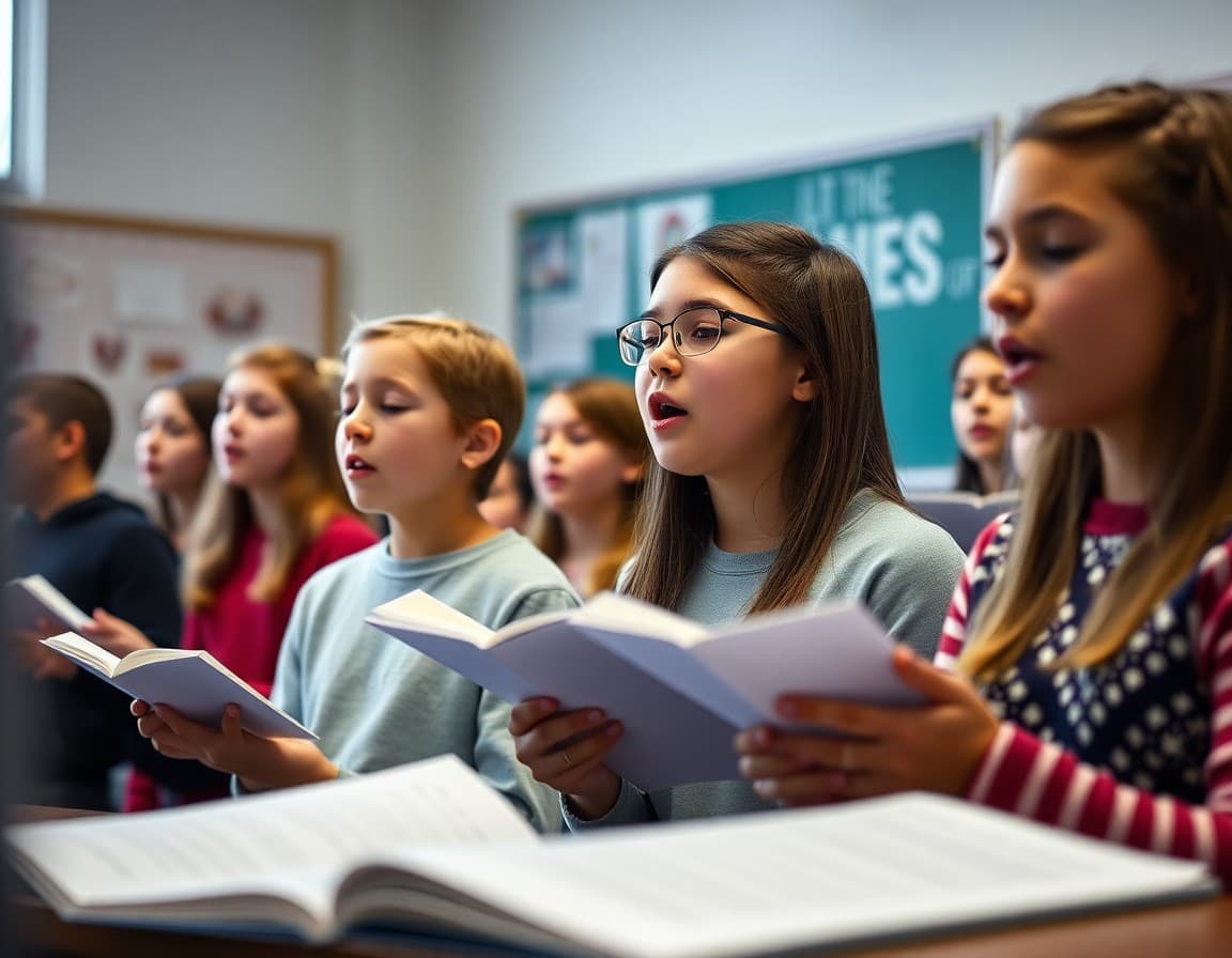 Choir students learning first unit vocal techniques and concert pieces during a school choral rehearsal