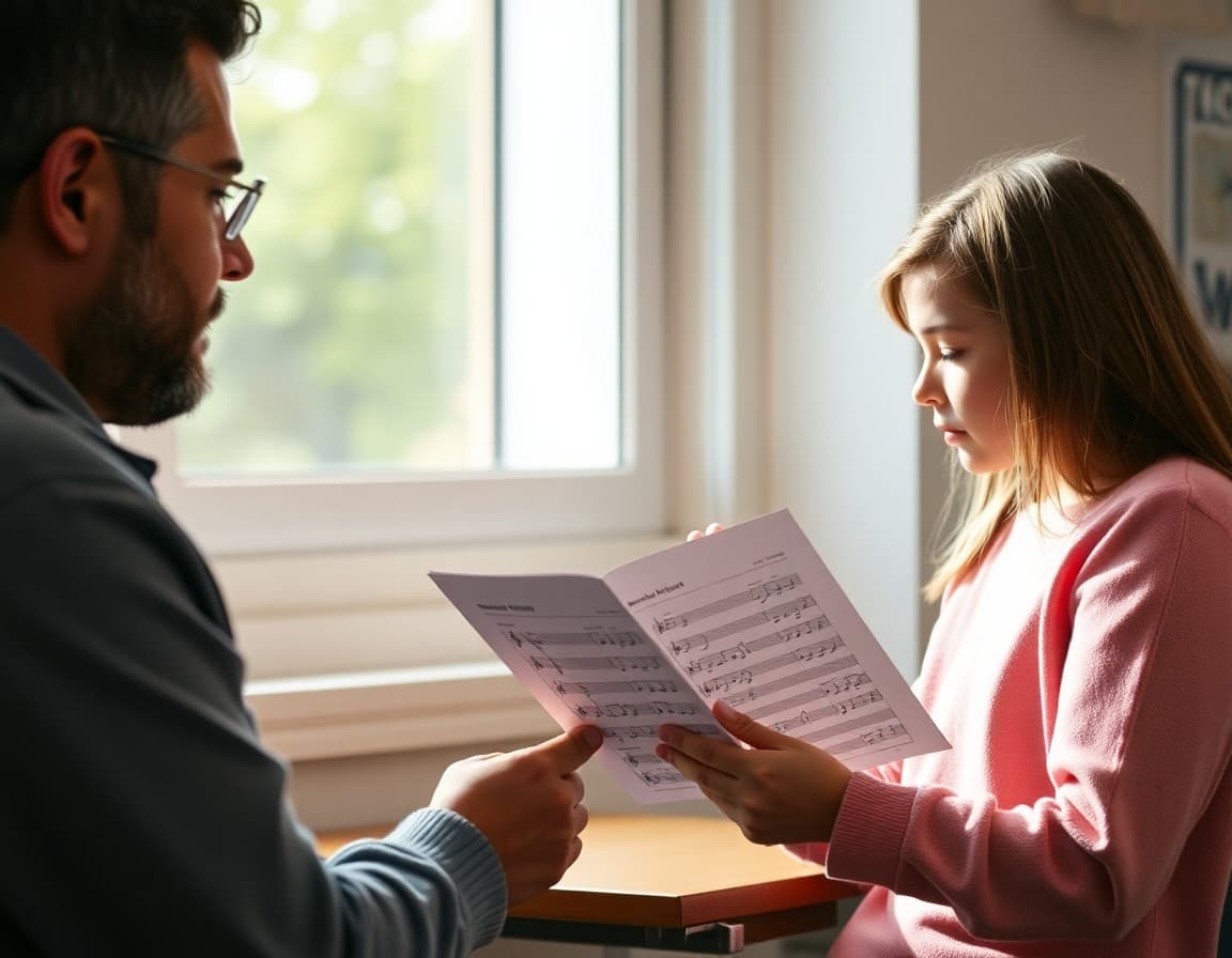 Parent and student looking at a choir grade report together with a recording of the choral piece playing