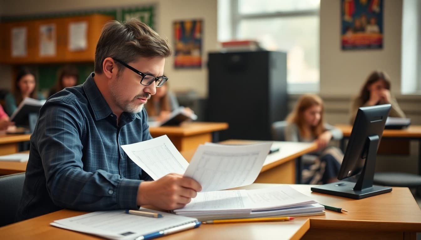 Choir director reviewing student vocal assessment scores and grade sheets at a choral classroom desk