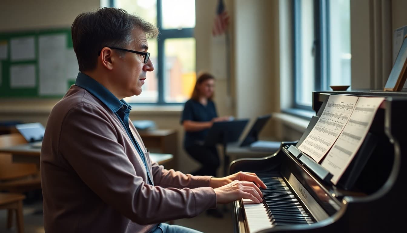 Choir director planning newsletter topics at piano with concert calendar visible
