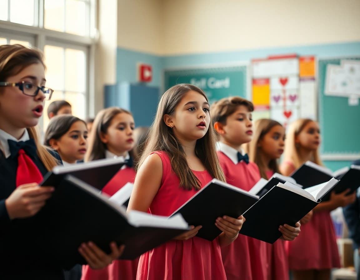 Choir students dressed in concert attire performing a special awareness month program for the school community