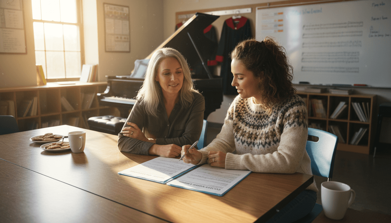 Choir director meeting with a parent at a choral classroom to review a student's vocal assessment and concert performance records