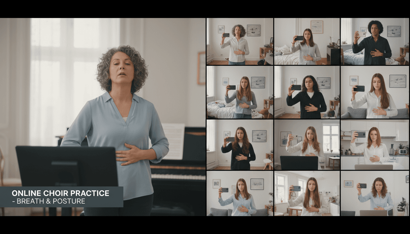 Choir director teaching vocal technique on a video call, demonstrating breath support and posture for students at home