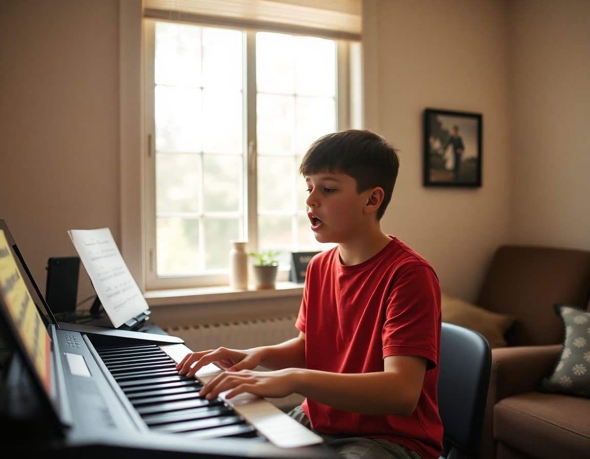 Student singing scales and practicing vocal exercises at home using a keyboard app during summer break