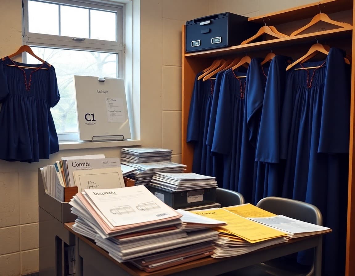 Organized choir supply area with concert gowns, folders, and performance materials ready for the choral program