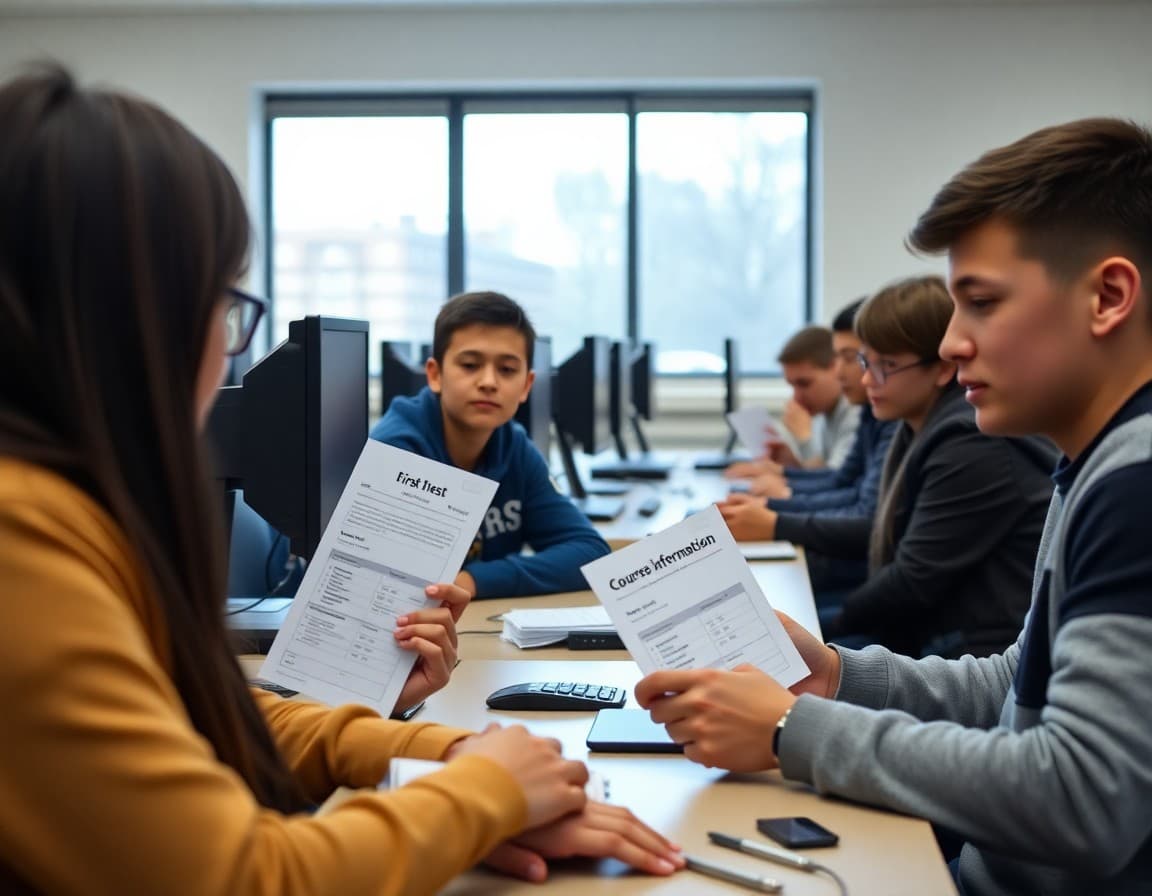 Students receiving first-day course information packets at computer workstations in a CS classroom
