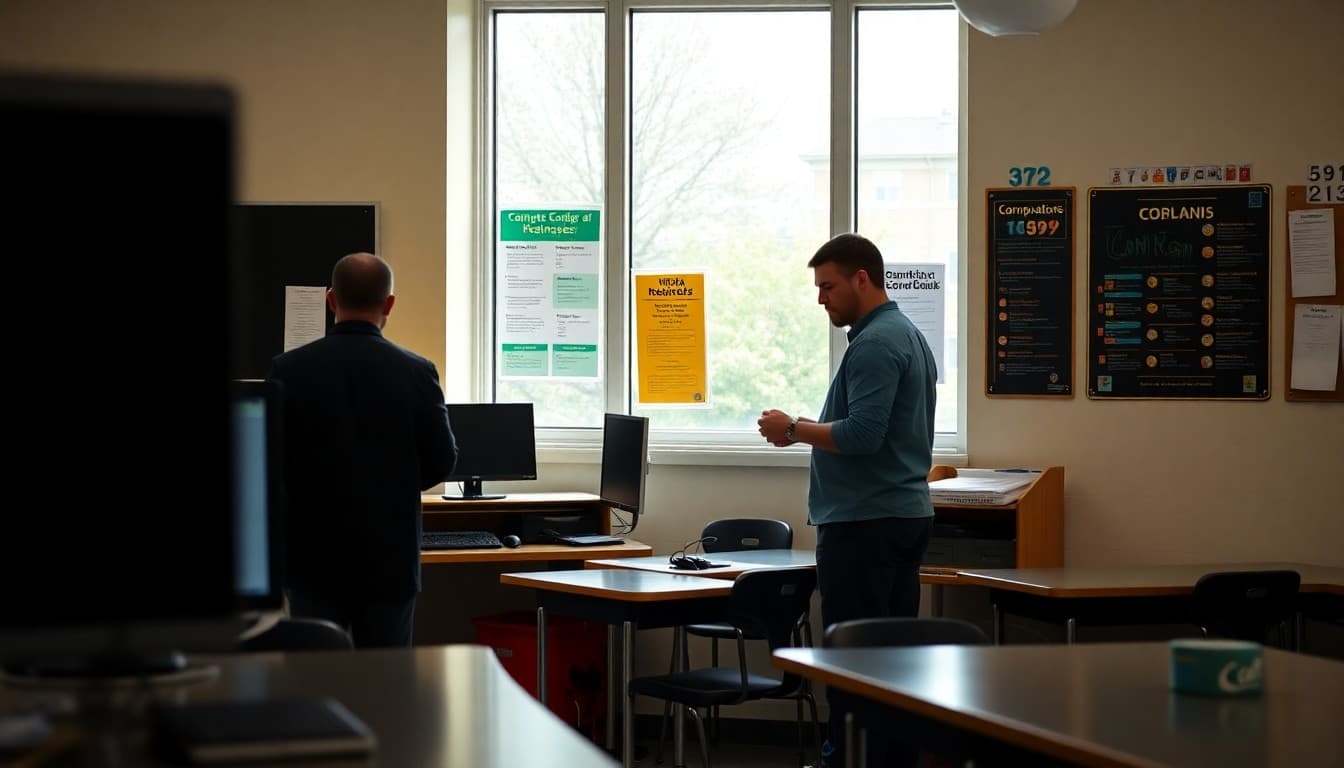 Computer science teacher arranging classroom workstations and coding posters before the first day of school