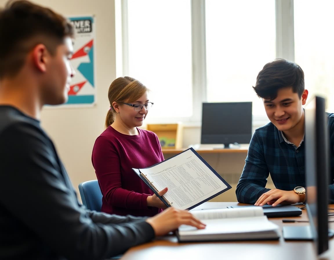 Teacher updating a computer science curriculum binder with new programming language resources and lesson plans