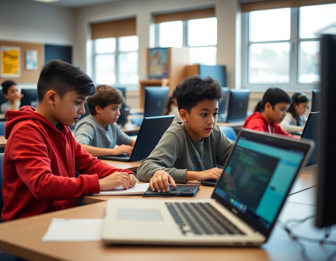 Students working at different difficulty levels on coding projects at individual laptops in a computer lab