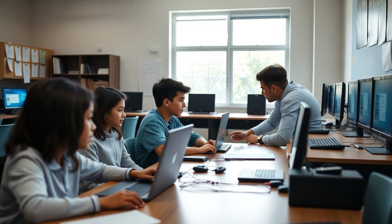 Computer science teacher working with small groups of students at different coding stations in a classroom