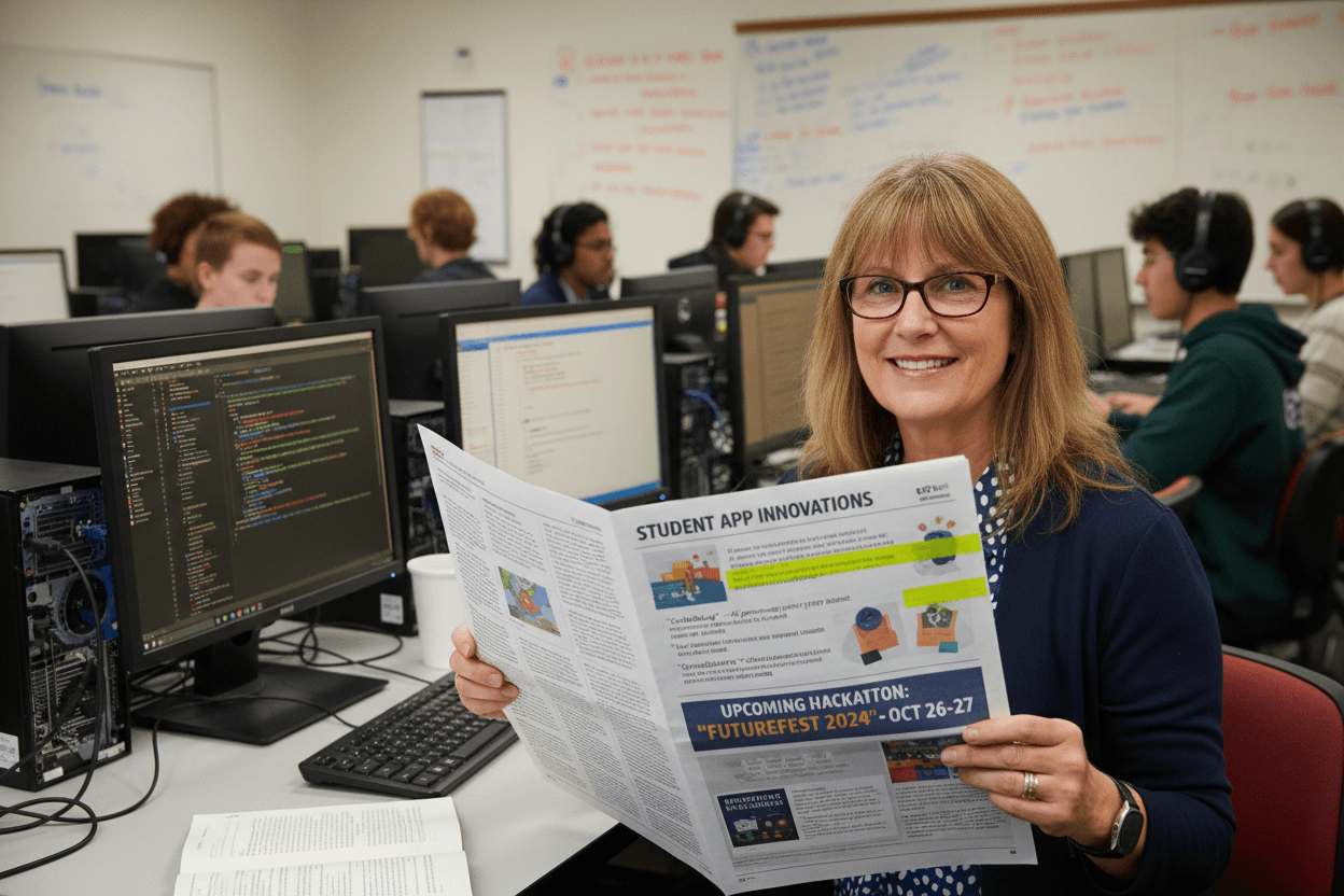 CS teacher reviewing a printed newsletter with student app project descriptions and upcoming hackathon details highlighted