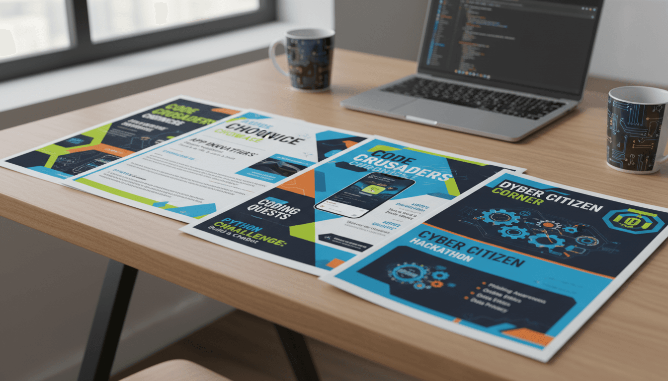 Several computer science classroom newsletter examples showing student project spotlights, coding challenge announcements, and digital citizenship tips