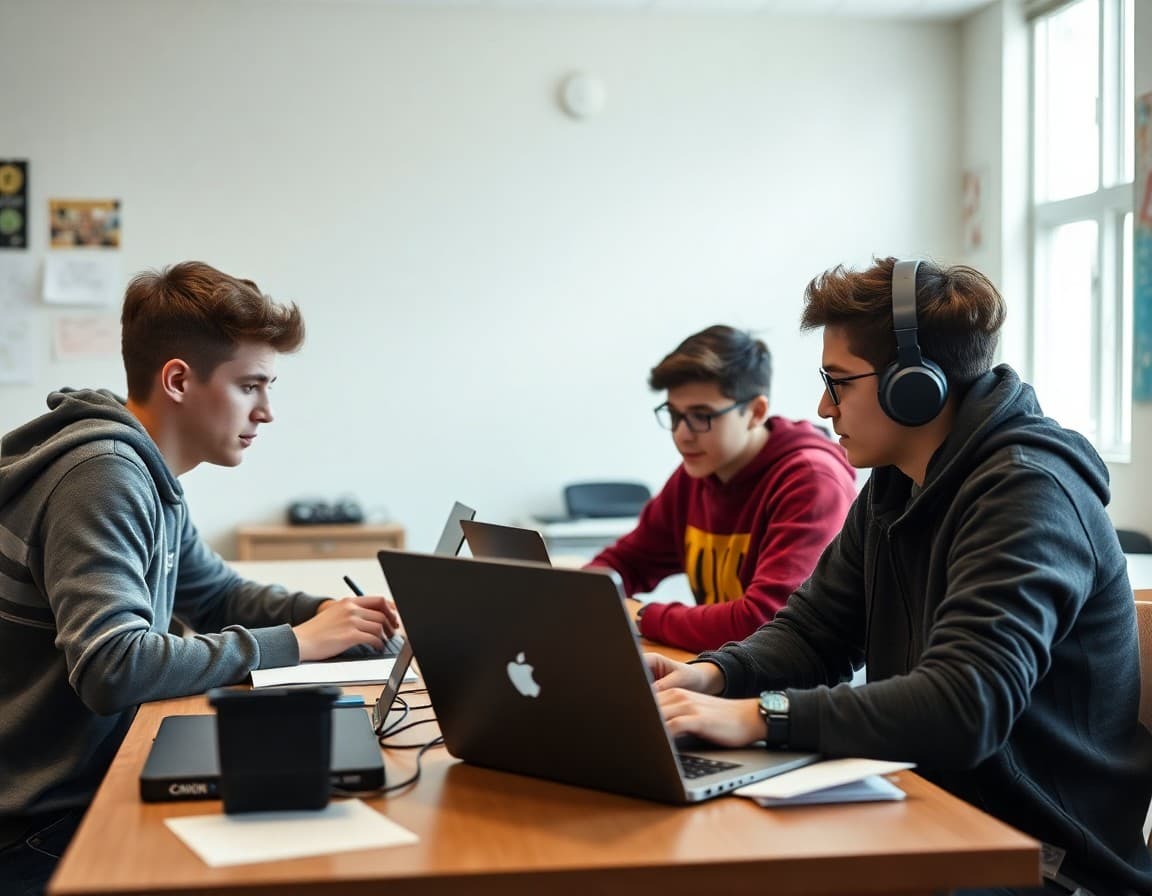 High school coding club students collaborating on a hackathon project at a table with laptops and notes