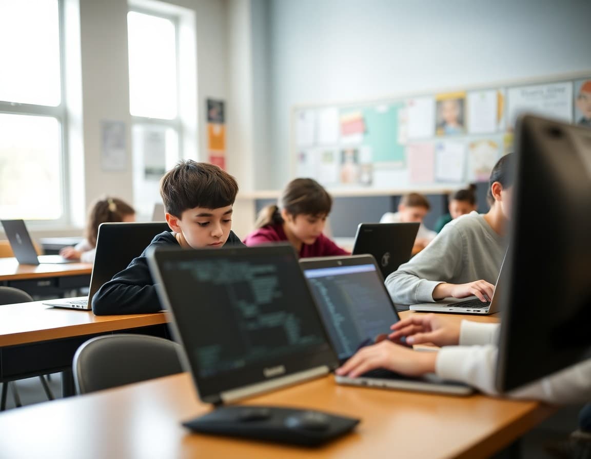 Students working on first coding unit assignments at laptops in a bright computer science classroom