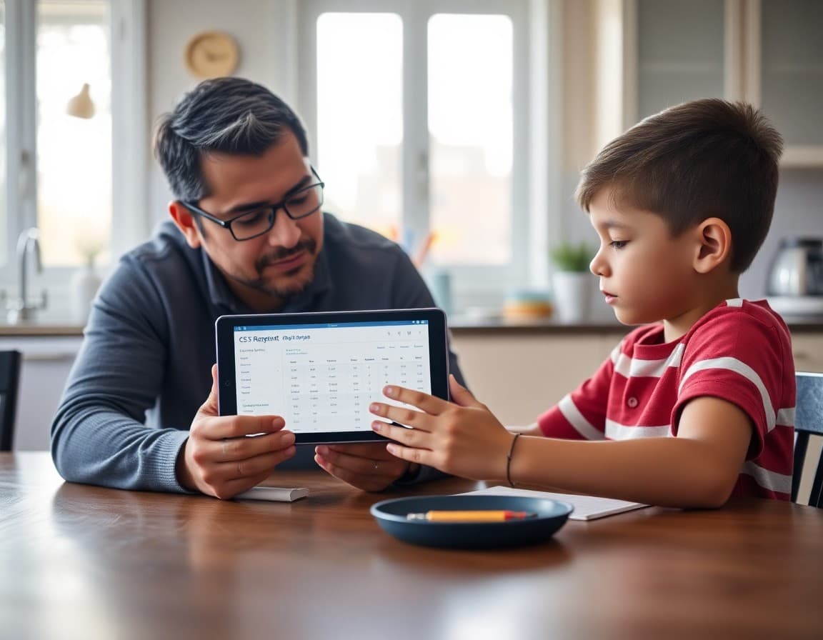 Parent and student reviewing a CS grade report together on a tablet at a kitchen table