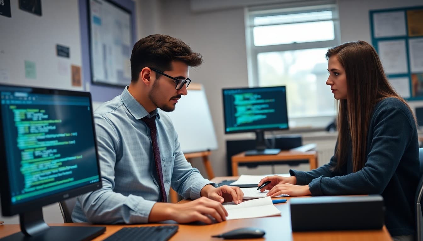 Computer science teacher planning newsletter ideas beside a screen showing student code