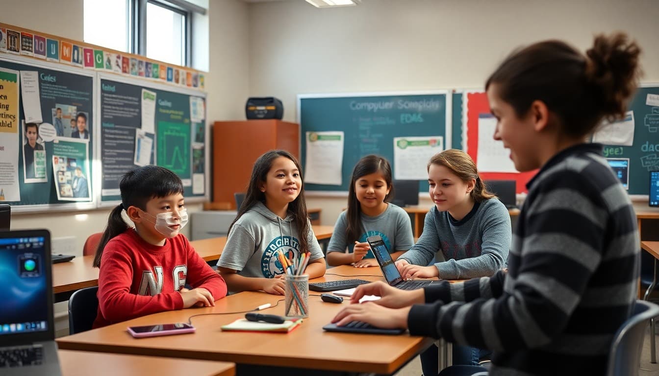 Students and teacher celebrating Computer Science Education Week with coding projects displayed on classroom walls
