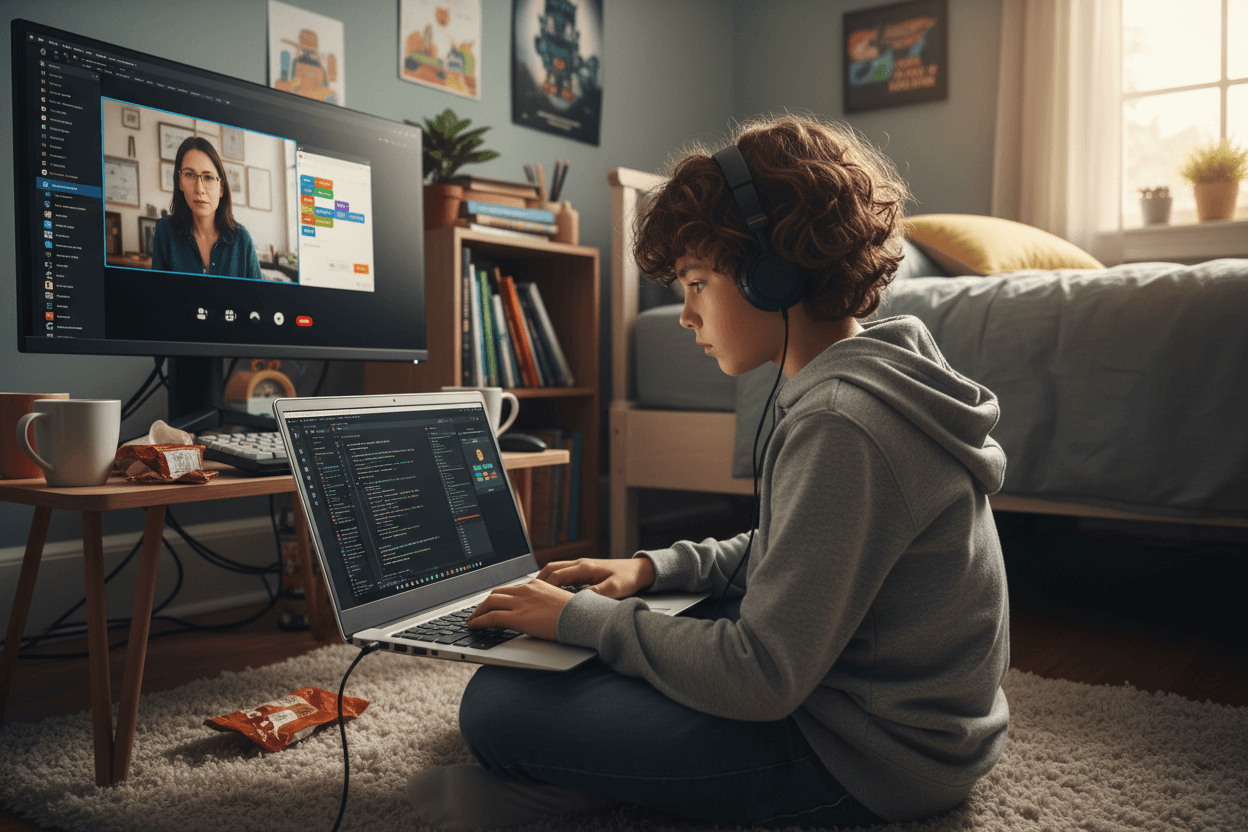 Student coding on a laptop at home following along with a remote computer science lesson, code editor visible on screen