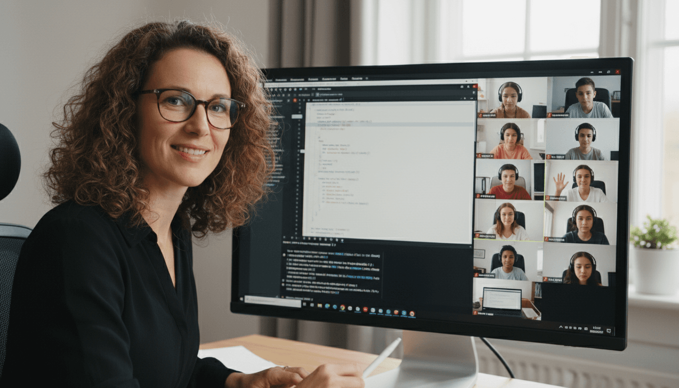 Computer science teacher demonstrating a coding project on a shared screen during a video call with students participating from home
