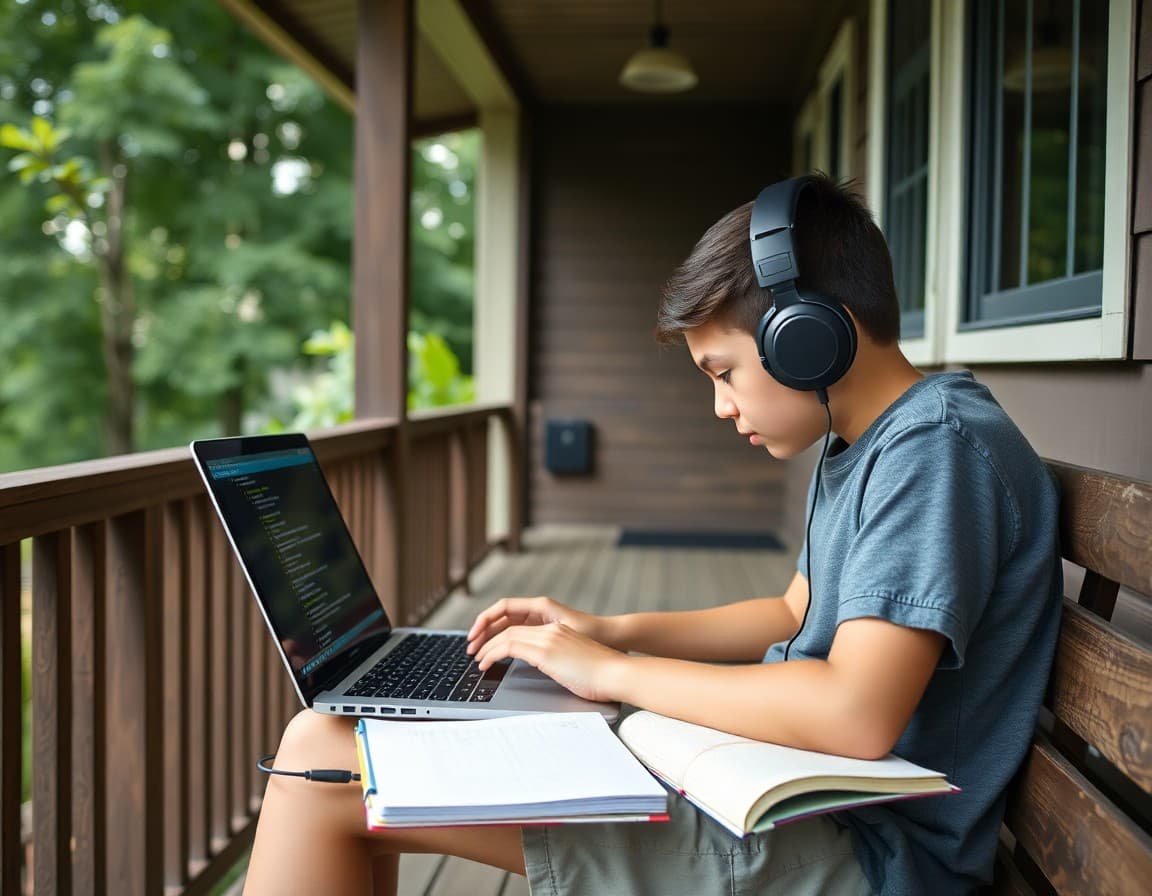Student working on summer coding practice at a laptop on a porch with headphones and a notebook