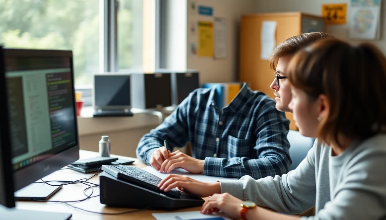 Computer science teacher at a desk preparing summer coding assignments and resource lists for students