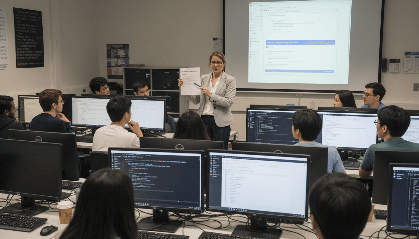 Computer science teacher reviewing coding assessment rubrics with students at computer stations before a programming exam