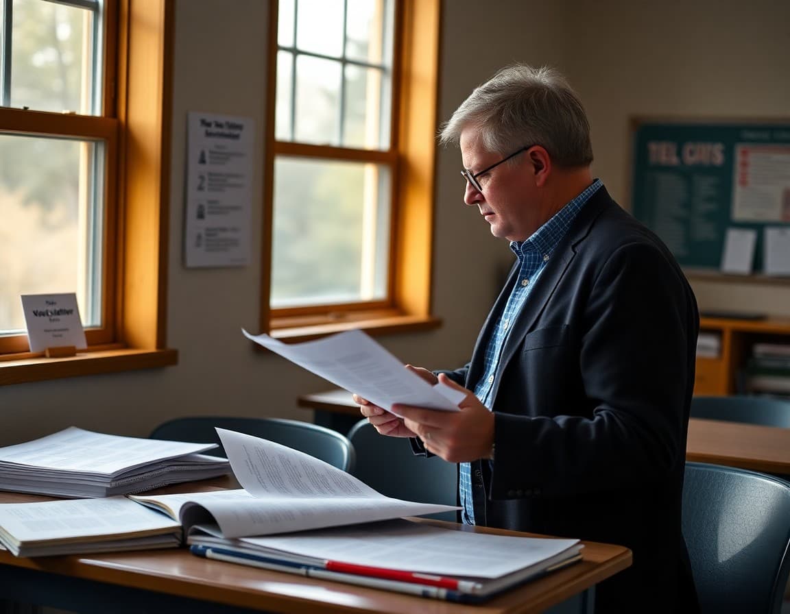 Debate teacher reviewing newsletter ideas next to tournament schedules and research materials