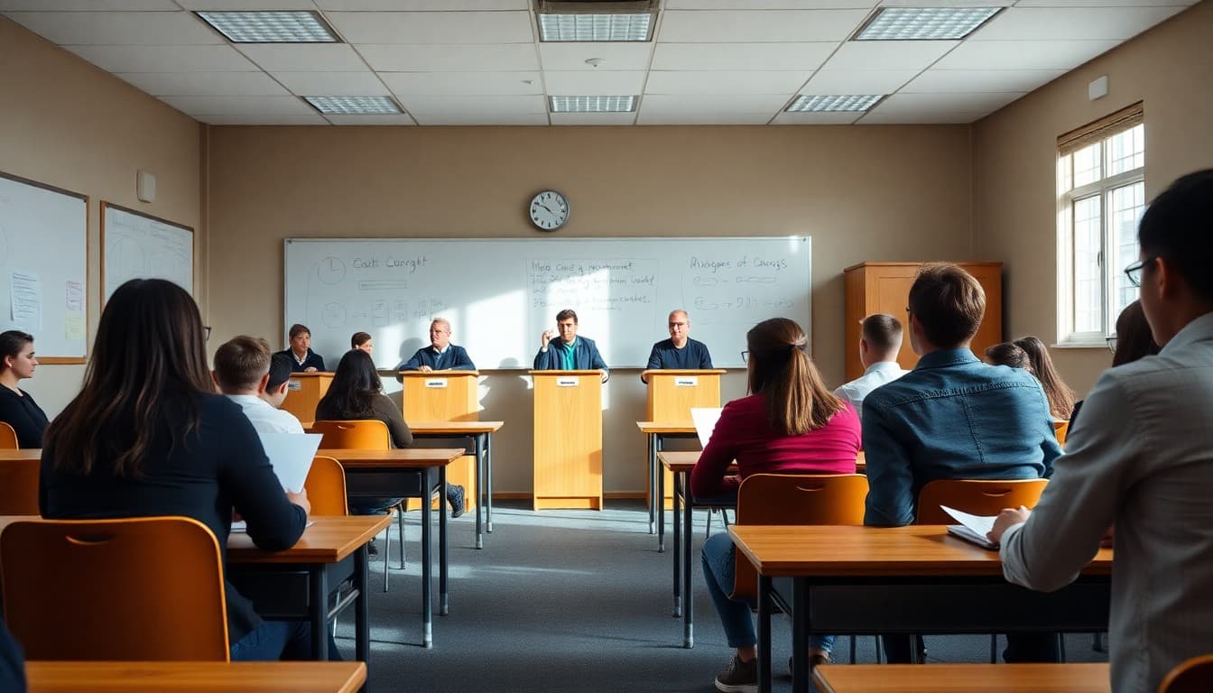 A debate classroom with students at podiums and argument outlines visible on whiteboards
