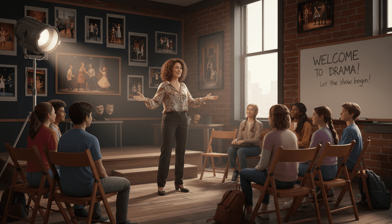 Drama teacher welcoming new students to a theater classroom decorated with production photos and spotlight equipment ready for the year