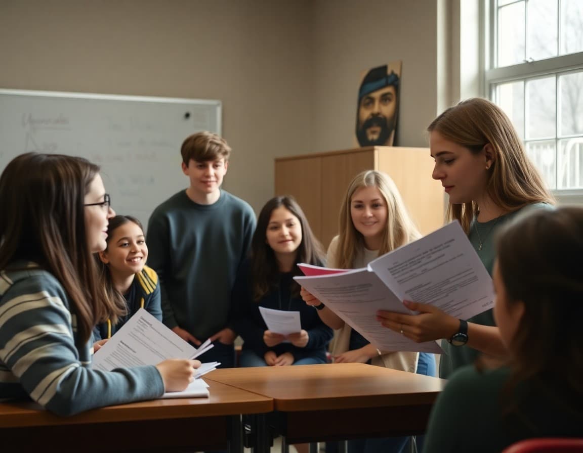 Students in a drama class receiving first-day scripts and program information from their theater teacher
