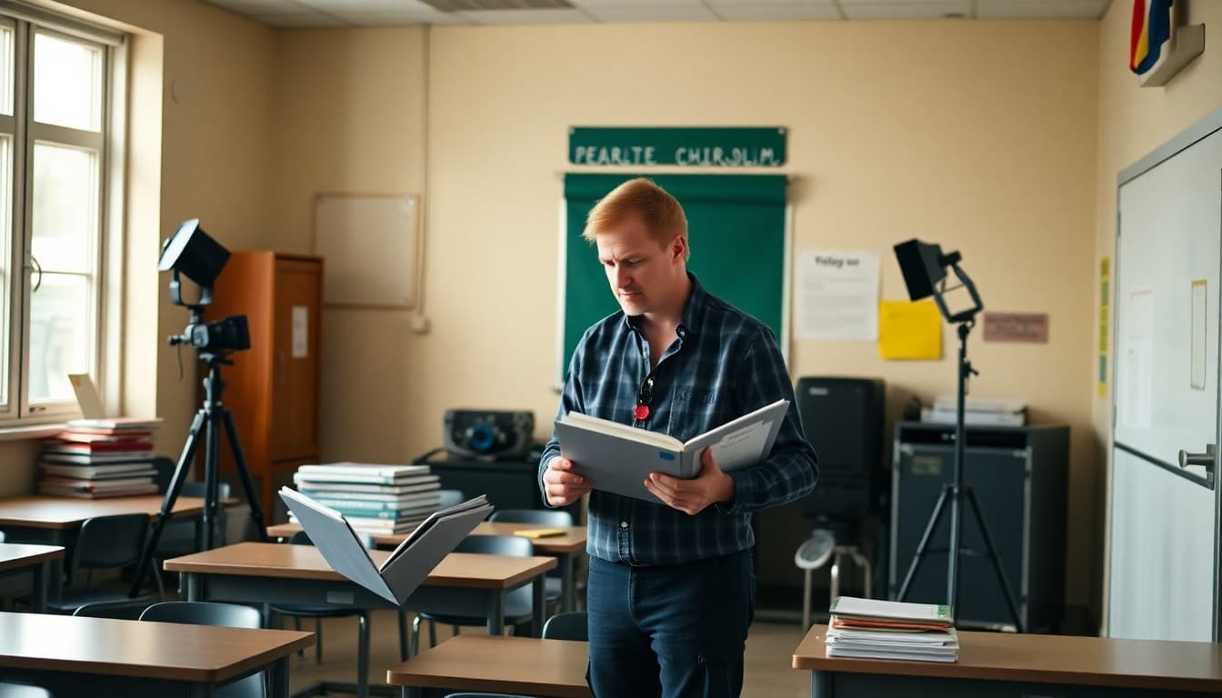 Drama teacher preparing a theater classroom with scripts, stage lighting equipment, and first-day welcome materials