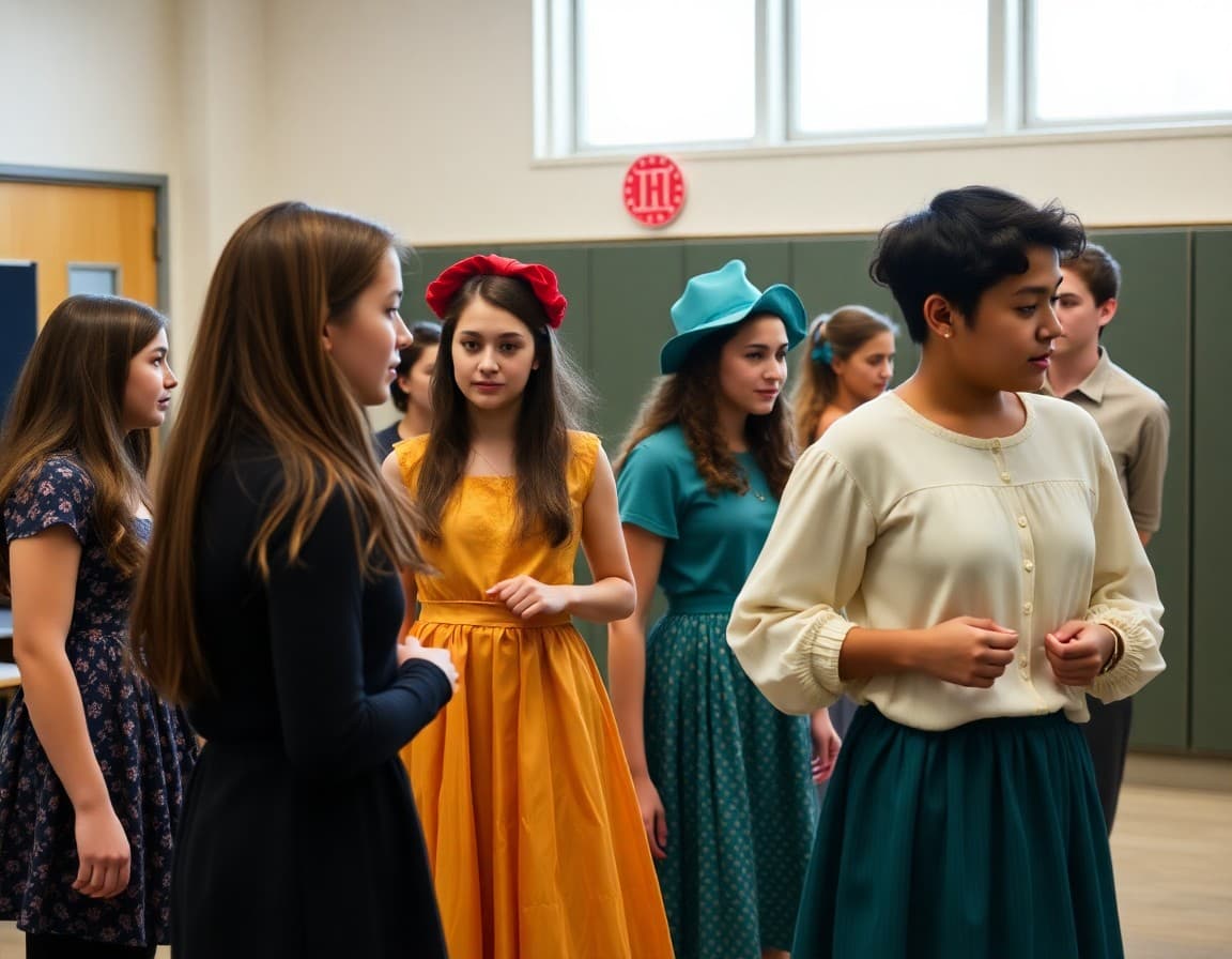 High school drama club students in rehearsal costume fittings and blocking practice for a spring production