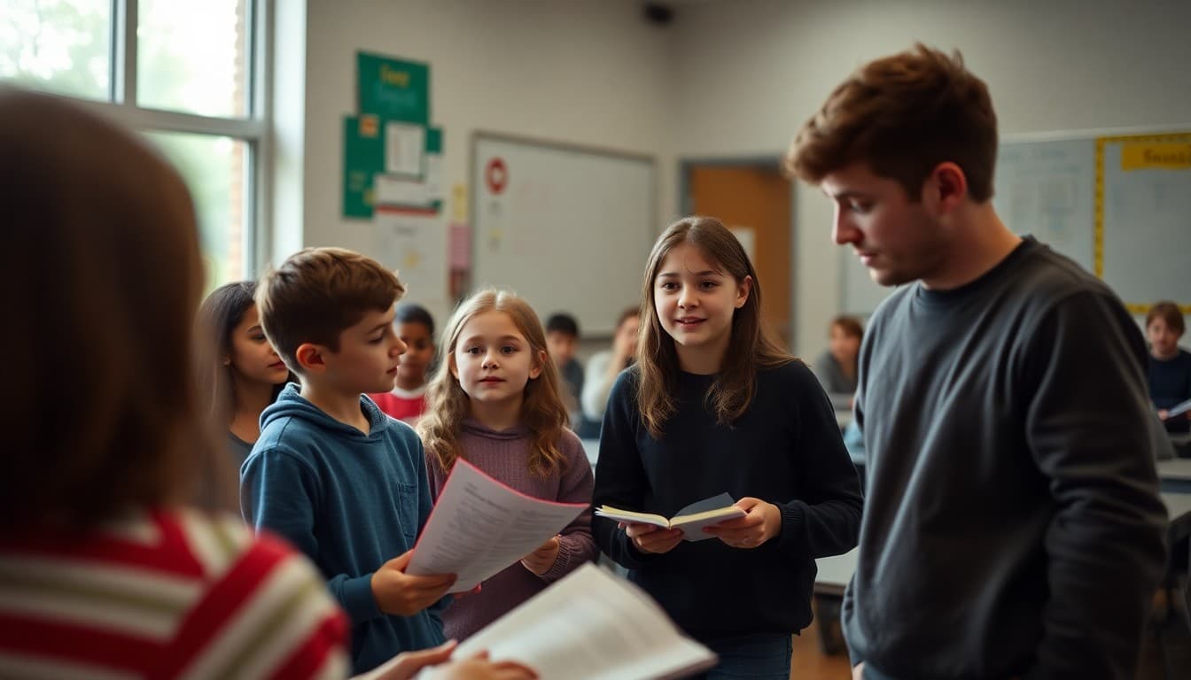Students and drama teacher sponsor in an after-school theater rehearsal with scripts and stage lighting