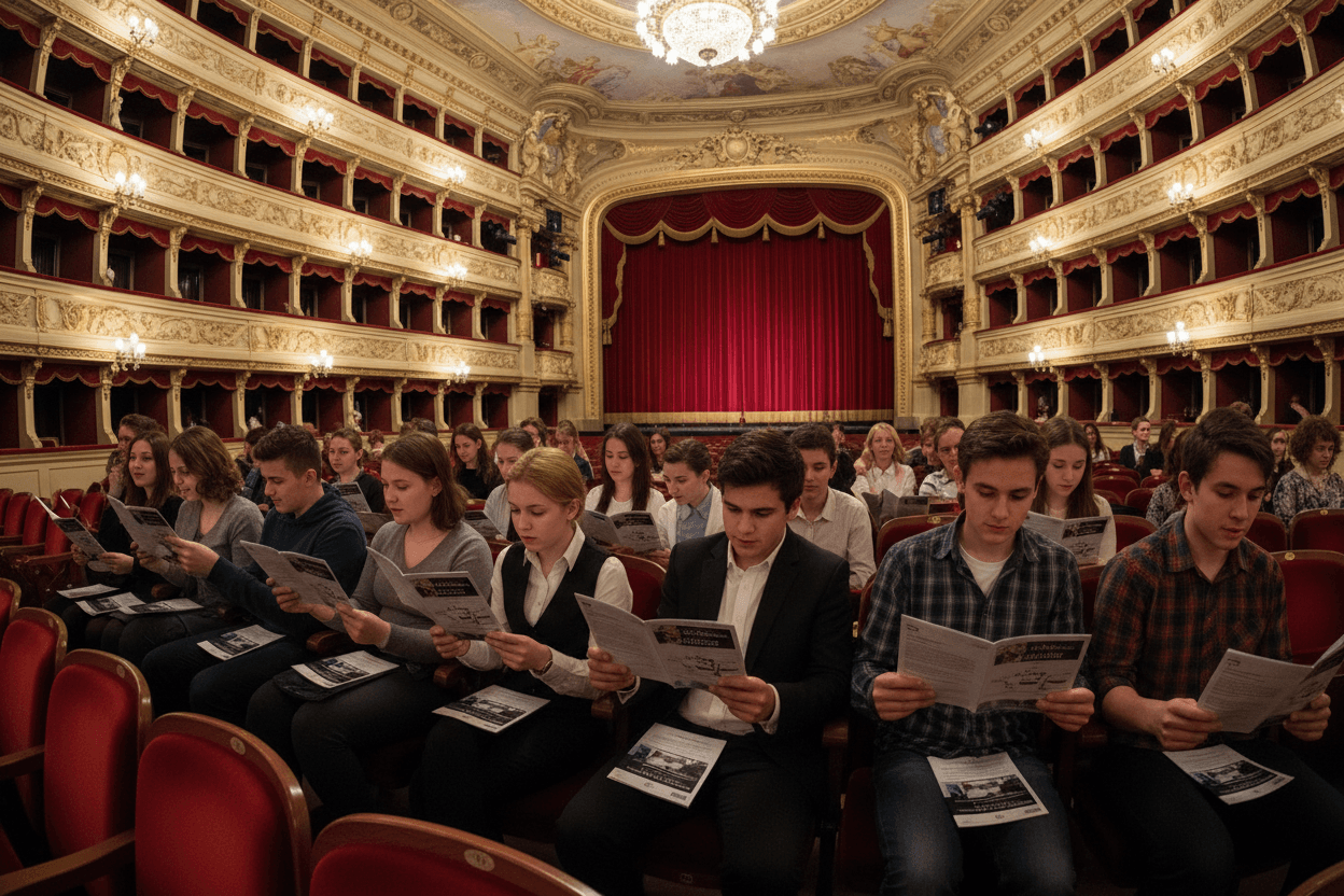 Students with playbills and viewing guides during a professional theater field trip, excited and engaged audience