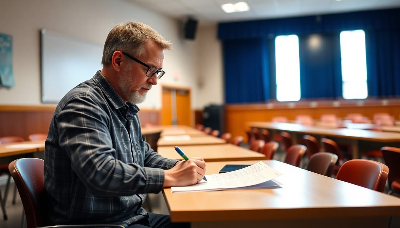 Drama teacher writing a unit overview newsletter at a desk in a theater classroom with stage lights visible