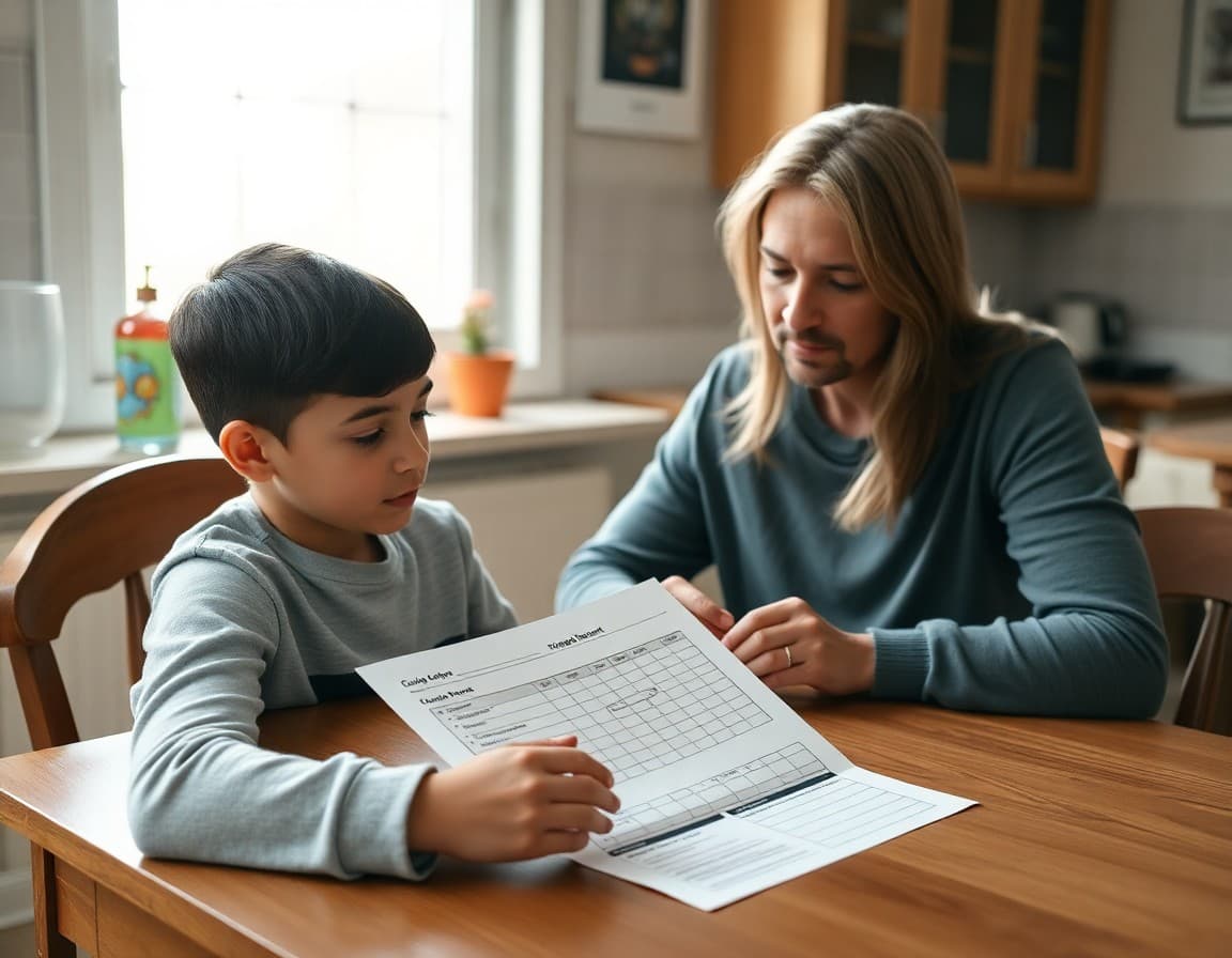 Student and parent reviewing a drama class grade report with a rubric sheet at a kitchen table