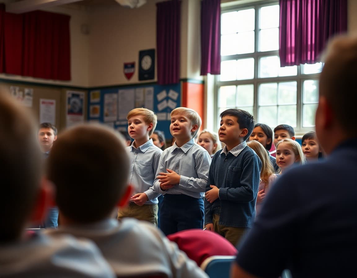 Students performing for an audience during a school drama showcase for a national arts awareness event